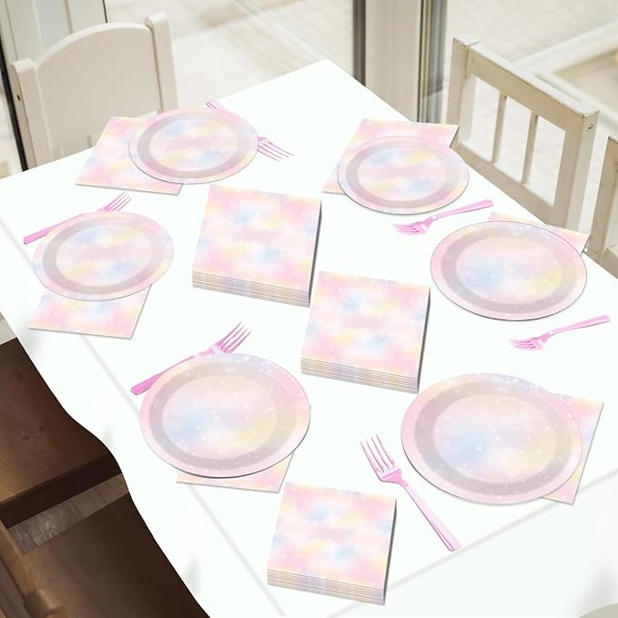 200pcs Pastel Rainbow Party Plates Napkins Pastel Paper Tableware Set Rainbow - Image 7