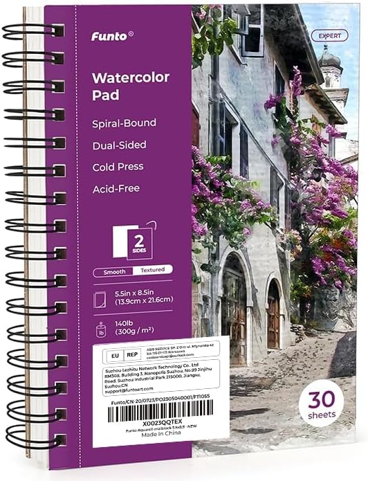 Funto Watercolor Pad 5.5x8.5, 30 Sheets, 140lb/300gsm, Double-Sided Cold Press, Spiral Bound, Heavyweight Paper for Watercolor Painting