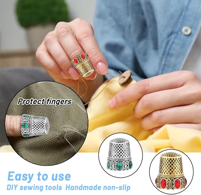 2 Pcs Vintage Sewing Thimble, Quilting Thimbles, Sewing Thimble Finger Protector, Vintage Fingertip Protector Thimbles, Metal Thimble, Sewing Quilting Craft Accessories Diy Sewing Tools (Sliver, Gold)