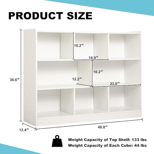 Grepatio 3 Tier 8 Cube Bookshelf, Toy Shelf Storage Organizer Bookcase with Open Shelf, Wood Cube Shelves for Kids Toy, Playroom, Book, Bedroom, Living Room (White)