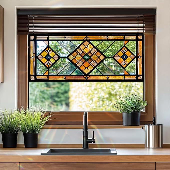 Geometric Stained Glass Window Film 17.7 x 39.3 Inch No Glue Static Cling - Image 6