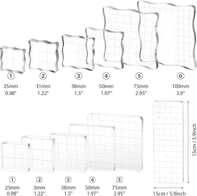 12Pcs Acrylic Stamp Block Clear Stamping Blocks Tools Set Assorted Sizes Stamp Blocks with Grid Lines for Scrapbooking Crafts Card Making
