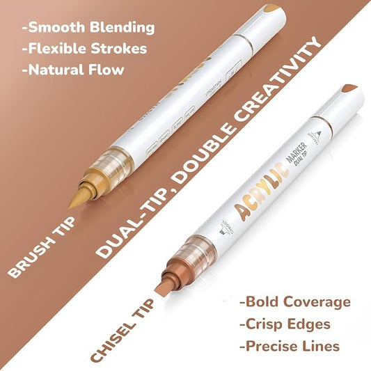 Guangna 12 Brown Dual Tip Acrylic Paint Markers, Brush Tip & Chisel Tip Acrylic Paint Pens for Rock, Wood, Glass, Paper, Coloring Book, Ceramic, Canvas, Water-Based Ink