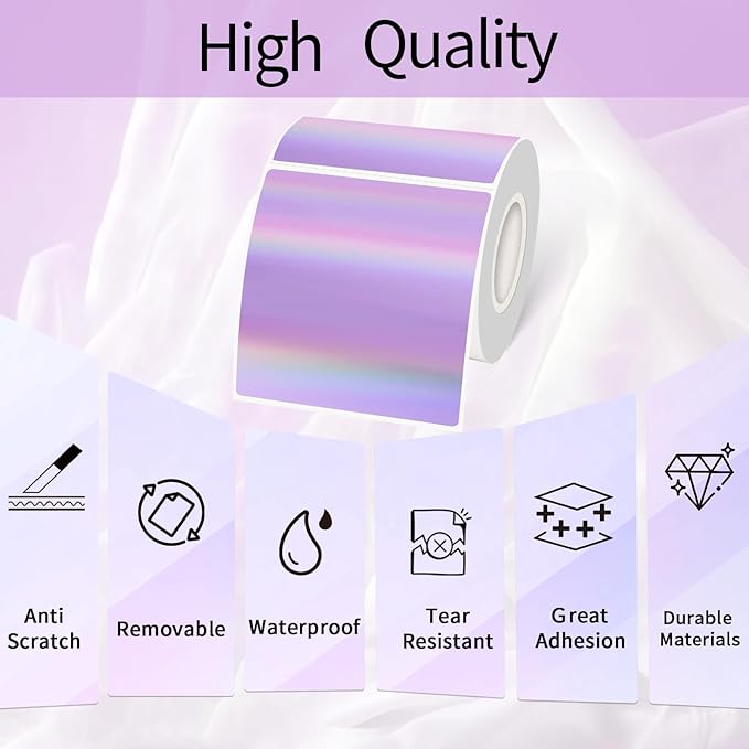 Holographic Square Thermal Labels Stickers 3" x 3", Direct Square Thermal Stickers Labels, Glitter Self-Adhesive Thermals Label for Small Business- Holographic Purple