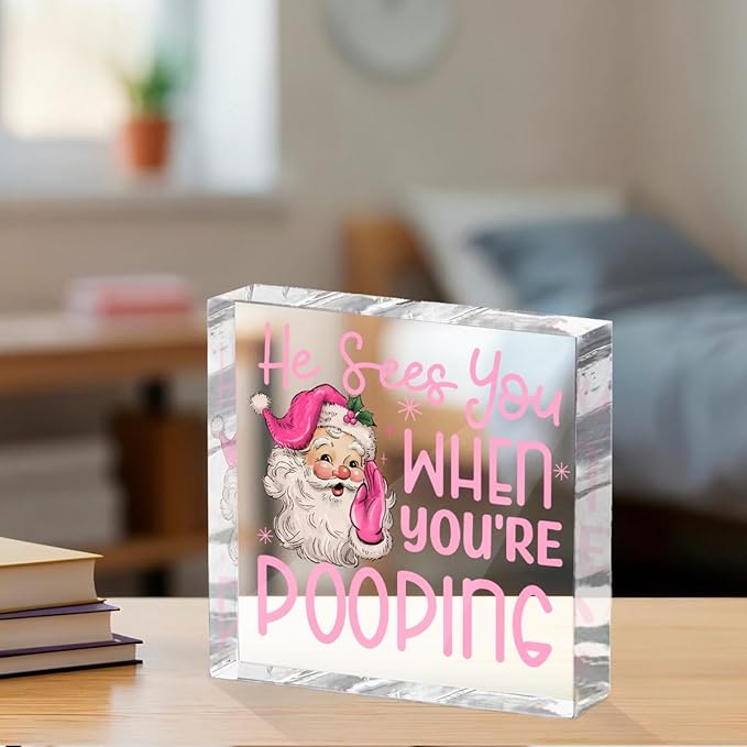 Funny Santa Desk Decor Acrylic Sign 4X4 Inch, Humorous Christmas Decorations Desk Signs for Toilet Cubicle Room Bathroom, Gag Gifts for Women Men Friends