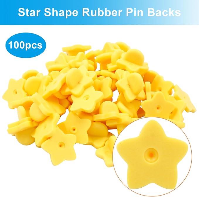 100 Pack Star Shape Rubber Pin Backs, Lapel Pin Backing Locking Pin Keepers, Brooch Holder for Uniform Badge Hat Tie（Yellow）