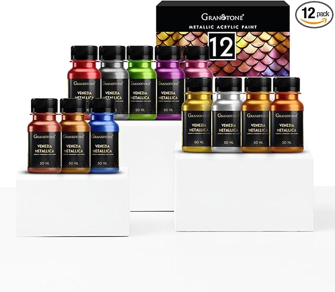 GRANOTONE Acrylic Venezia Metallic Colour | 12 Metallic Shades | 50 ml | Extra Sheen | Non Fading | Indoor/Outdoor | Non Toxic | Multi-Surface | Pro Artist, Hobby Painters & Kid | Made In India