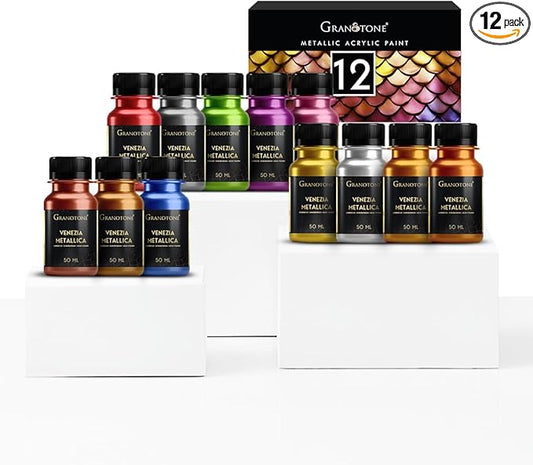 GRANOTONE Acrylic Venezia Metallic Colour | 12 Metallic Shades | 50 ml | Extra Sheen | Non Fading | Indoor/Outdoor | Non Toxic | Multi-Surface | Pro Artist, Hobby Painters & Kid | Made In India