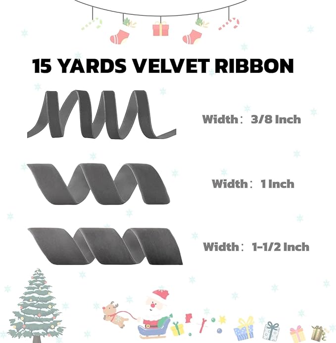 15 Yards Velvet Ribbon 1 Inch Single Face Grey Velvet Ribbon Spool Prefect for Wedding, Ribbons for Gift Wrapping, Vintage Christmas Decor Tree Ornaments Wreath Hair Bows, Ribbons for Crafts