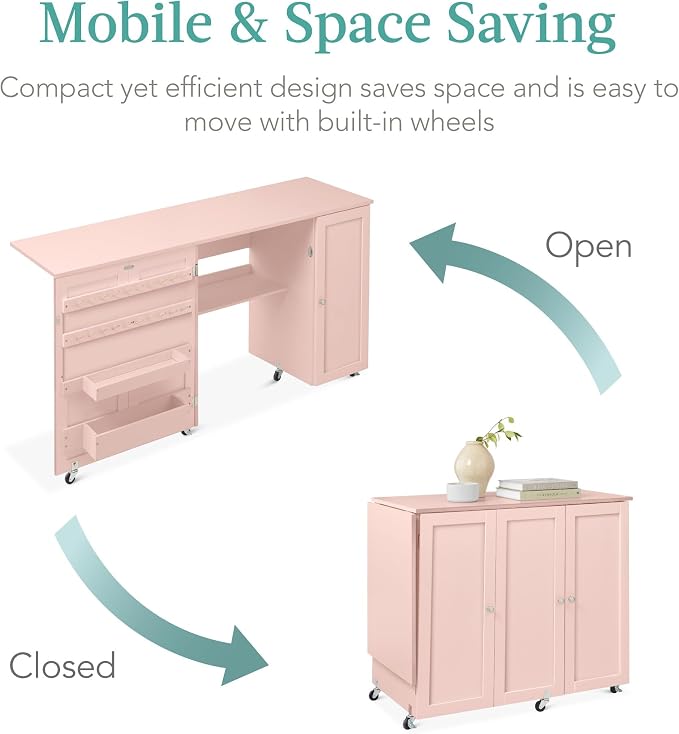 Best Choice Products Large Folding Sewing Table, Caster Wheels, Storage Shelves - Image 5