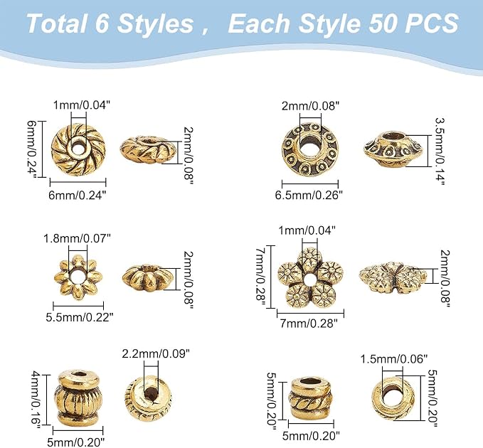 PH PandaHall 300pcs Tibetan Spacer Beads, 6 Style Antique Golden Spacers Alloy - Image 3