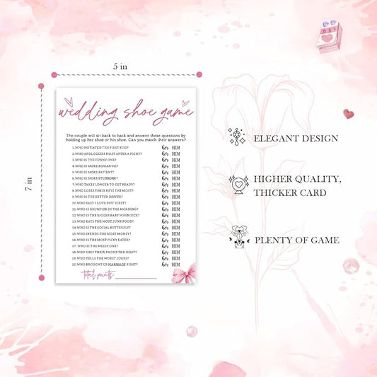 Wedding Shower Games Cards, Wedding Shoe Game, Bridal Shower Games 25 Guests, Engagement Party Wedding Games for Guests, Pink Ribbon Bow Wedding Party Supplies - E04