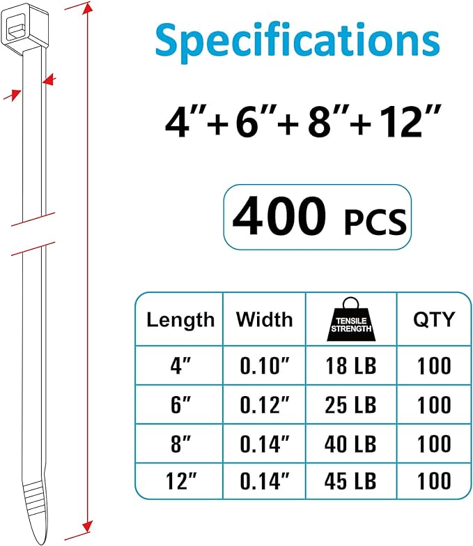 Zip Ties Assorted Sizes, 400 Pack, UV Resistant Wire Ties by ANOSON - Image 2