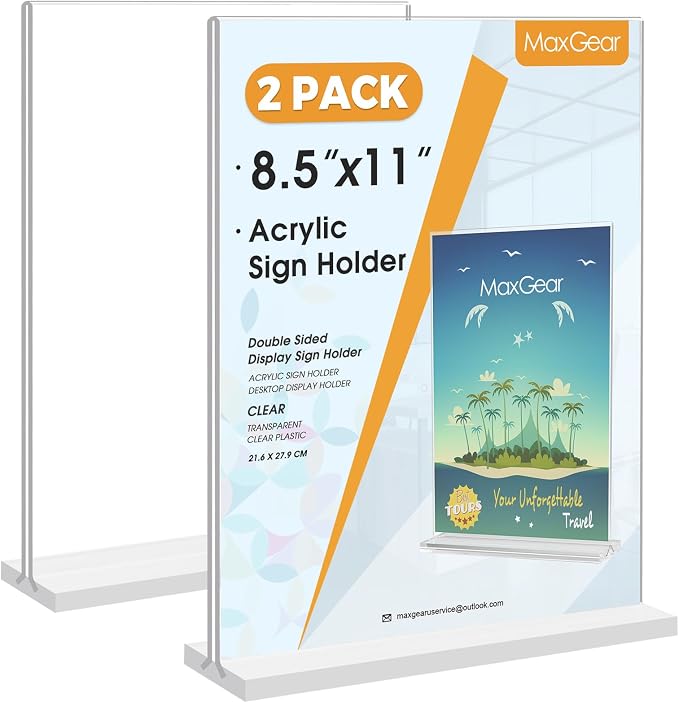 MaxGear Acrylic Sign Holder 8.5" x 11" Double Sided Display Stand, 2 Pack | by MaxGear