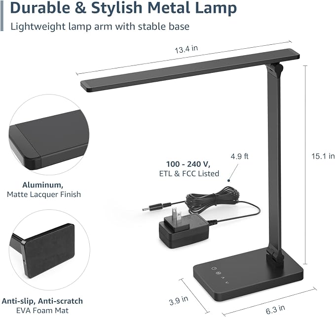 Lepro LED Desk Lamp with USB Charging Port, 650LM Dimmable Home Office Touch - Image 8