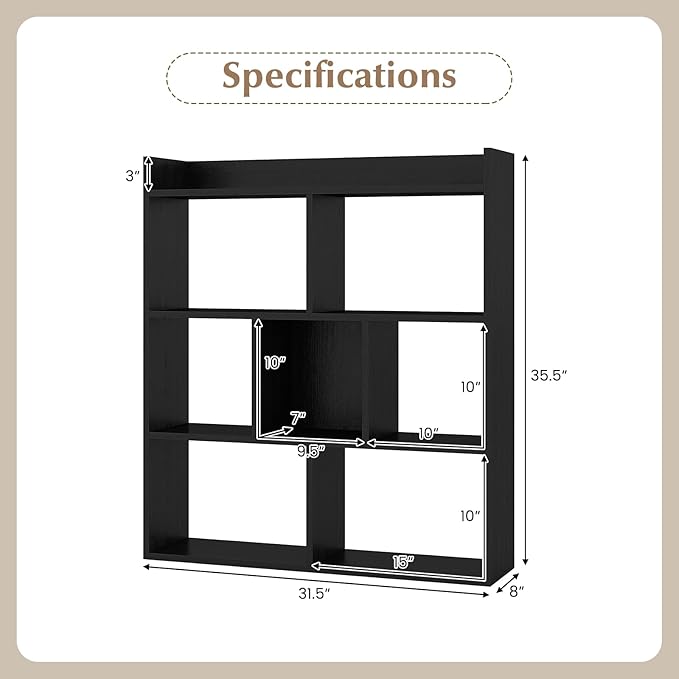 Giantex 7 Cubes Bookshelf, Free-Standing Wooden Bookcase, 4 Tier Home Display Shelf, Horizontal Storage Unit w/Anti-Toppling Devices, Open-Back Display Rack for Study, Living Room (1, Black)
