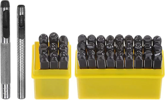 HARFINGTON 36pcs Metal Stamping Kit 3/16" (5mm) (A-Z, 0-8, "&" Symbol) Steel Letter Punch Press Tool with Hole Punch to Stamp on Metal, Plastic, Wood, Leather, Black
