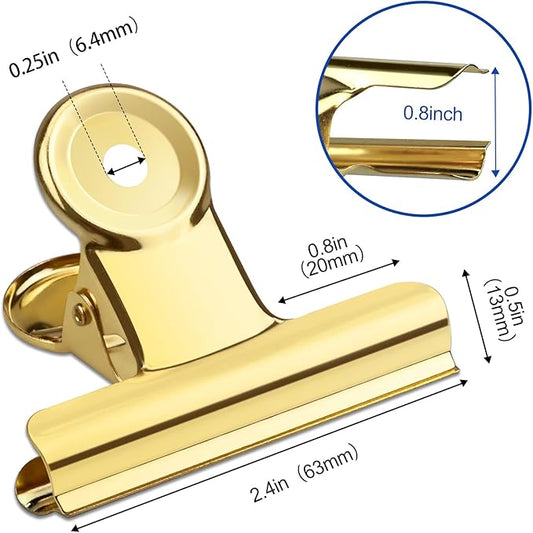 10 Pack Large Metal Hinge Clips 2.5 Inches Bull Hinge Paper Clips Gold Bulldog Clips for Crafts, Photo, Drawing, Food Bags at Home, Office, School, Shop, Gold, 63mm