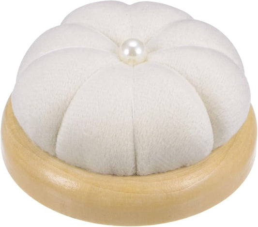 HARFINGTON Wooden Base Pin Cushion Japanese Style Cute Needle Holder Pincushions Round for Sewing Quilting Needlework DIY Crafts, Cream