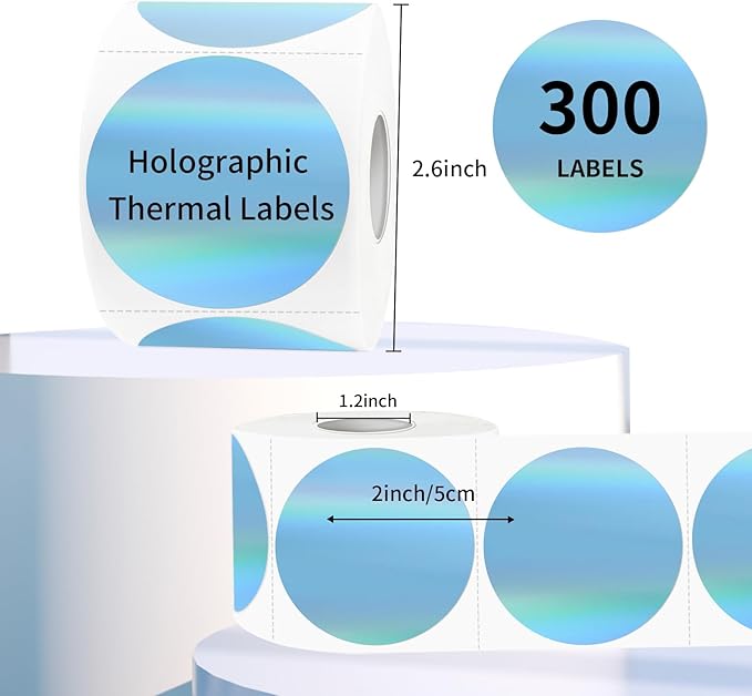 2" Circle Holographic Thermal Label Stickers Blue, Round Printable Rainbow Glitter Thermal Printer Sticker Labels for Gift Wrapping, Self-Adhesive Name Price Tag DIY Custom Logo Design