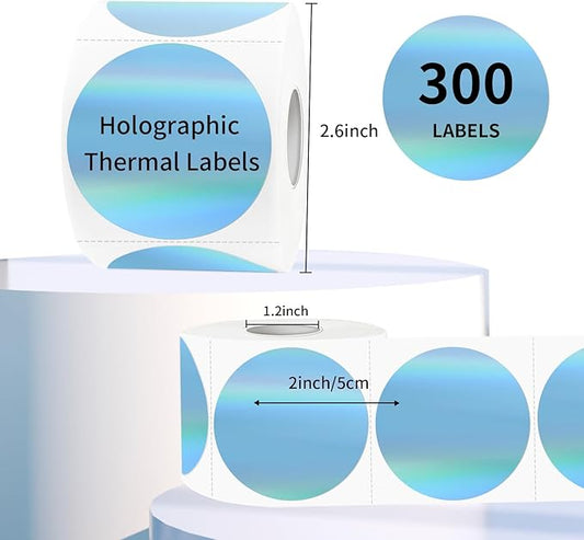 2" Circle Holographic Thermal Label Stickers Blue, Round Printable Rainbow Glitter Thermal Printer Sticker Labels for Gift Wrapping, Self-Adhesive Name Price Tag DIY Custom Logo Design