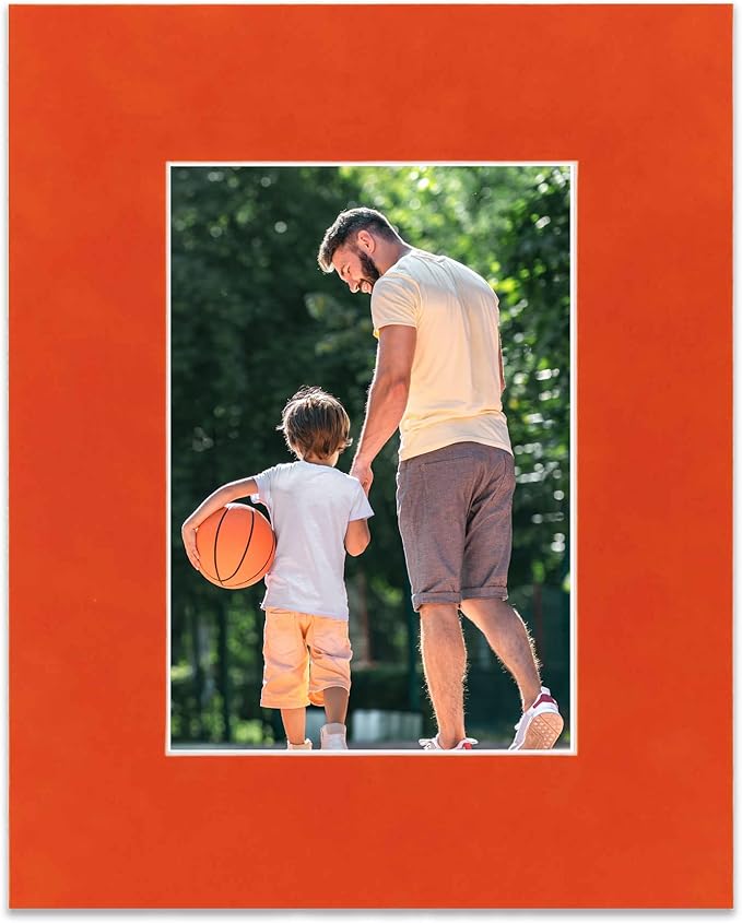 11x14 Mat Bevel Cut for 8.5x11 Photos - Acid Free Orange Suede Precut Matboard With Backing Board and Crystal Clear, Self Seal Mat Bag - For Pictures, Framing - 4-ply Thickness