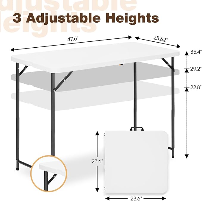 4ft Folding Table with Adjustable Height, 3-Level Foldable Table with HDPE Top - Image 3