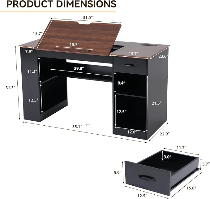 Verano Garden 55.1" Drafting Table, Craft Art Table, Computer Desk | Storage - Image 2