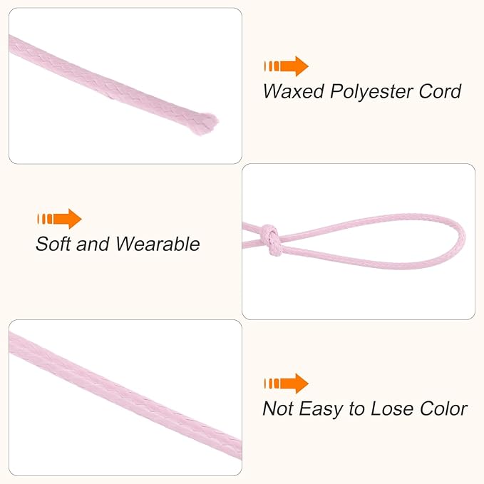 MECCANIXITY Waxed Cord 2mm Waxed Polyester Cord 98 Yard Wax String for Bracelet Making, Necklaces, Beading, Jewelry Making and DIY Crafts(Light Pink)