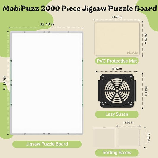 2000 Pieces Puzzle Board 3-in-1 Double-Sided & Rotating & Tilting, Plastic Puzzle Table with Sorting Boxes and PVC Cover, Portable Lazy Susan Jigsaw Puzzle Board for Adults, Gray Green