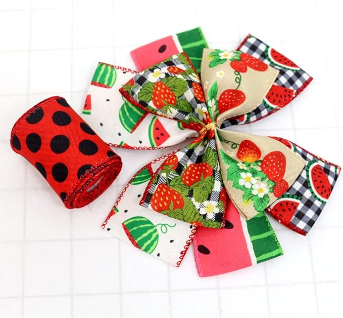 2.5" Watermelon and Strawberry Ribbon,Summer Craft Wire Edged Ribbon,Checks,Polka Dots,Watermelon Slices,Strawberries and Flowers Faux Linen Ribbons for Floral Arrangements, Packages and Home Decor.