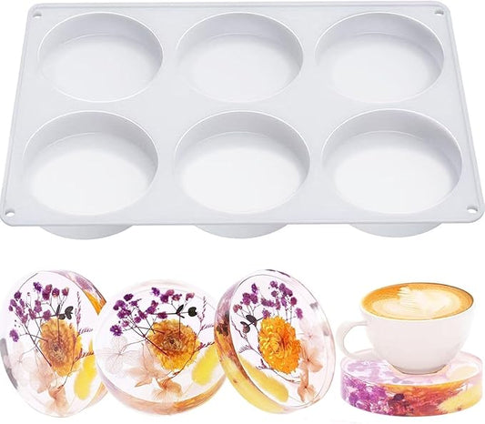 Resin Coaster Molds, 6-Cavity Silicone Coaster Molds for Epoxy Resin, Large DIY Deep Round Silicone Mold for Art Home Decoration