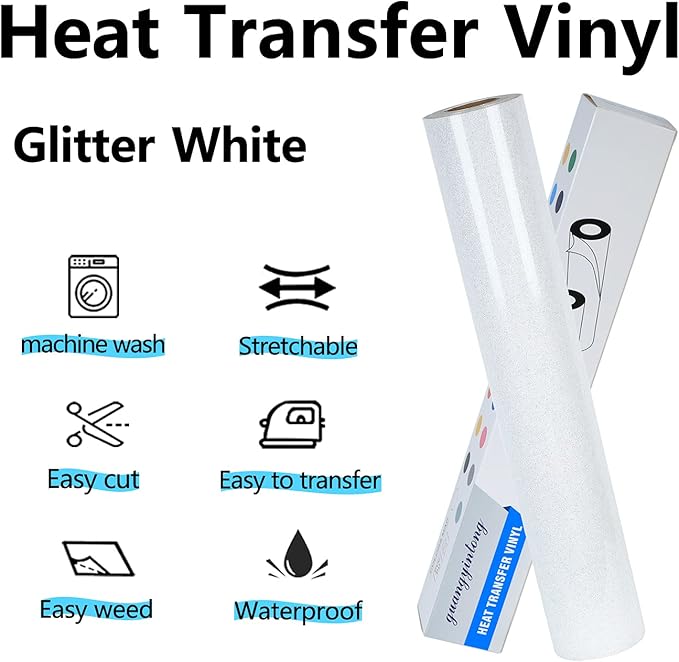 guangyintong Glitter White Heat Transfer Vinyl HTV Rolls, 12" x 8ft Iron on Vinyl for T Shirts Glitter White HTV Vinyl for All Cutter Machines Easy to Cut & Weed for Heat Vinyl Design