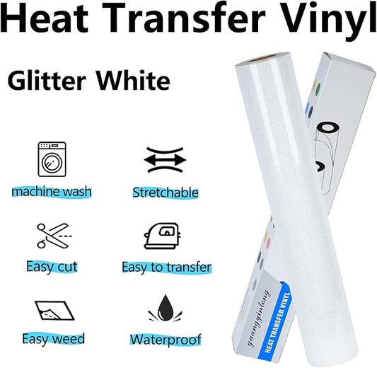 guangyintong Glitter White Heat Transfer Vinyl HTV Rolls, 12" x 8ft Iron on Vinyl for T Shirts Glitter White HTV Vinyl for All Cutter Machines Easy to Cut & Weed for Heat Vinyl Design