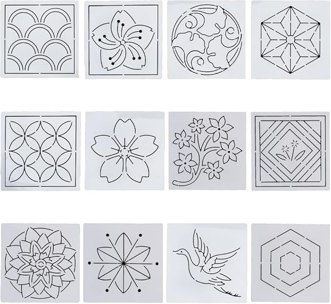 FREEBLOSS Sashiko Embroidery Stencils Sashiko PET Stencil Flowers Embroidery Patterns Stencils for Drawing Sashiko Template for Hand Quilting and Embroidery 14x14cm