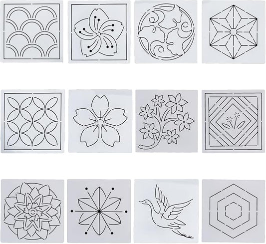 FREEBLOSS Sashiko Embroidery Stencils Sashiko PET Stencil Flowers Embroidery Patterns Stencils for Drawing Sashiko Template for Hand Quilting and Embroidery 14x14cm