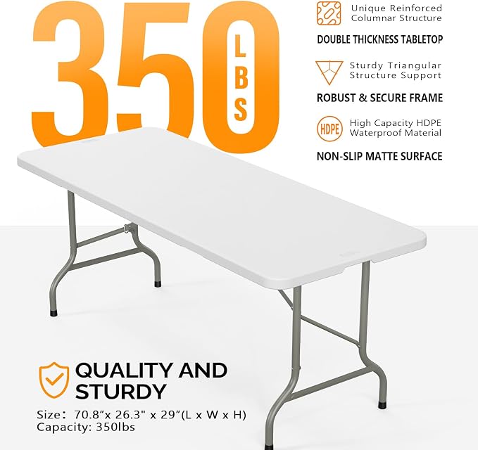 Bonnlo Folding Table 6ft, Portable Collapsible Plastic White Long Tables - Image 4