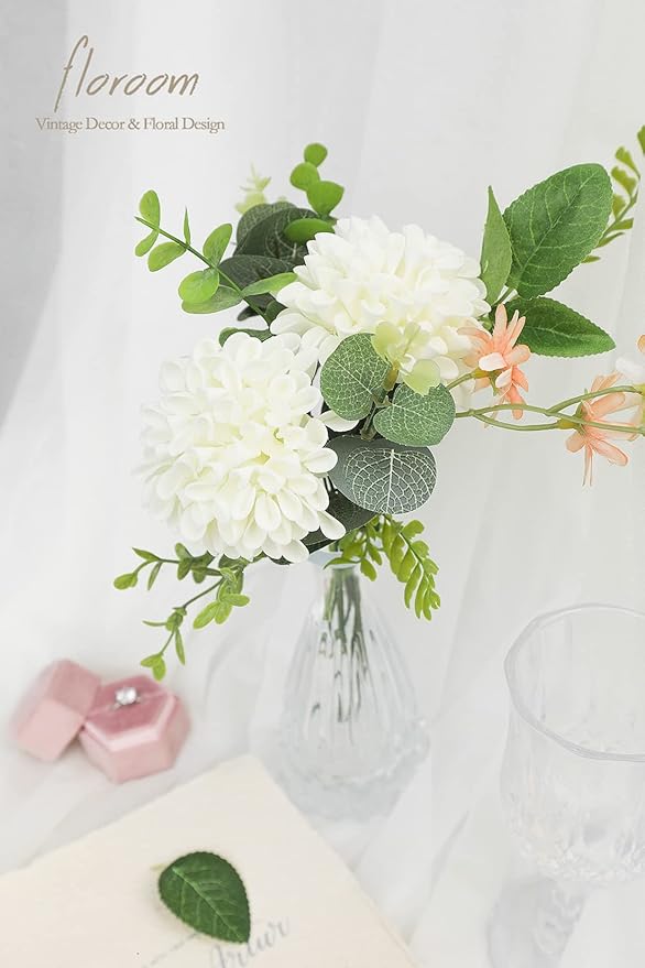 Floroom Artificial Dahlia Flowers 25pcs Real Looking Ivory Foam Fake Roses with Stems for DIY Wedding Bouquets White Bridal Shower Centerpieces Floral Arrangements Party Tables Home Decoration