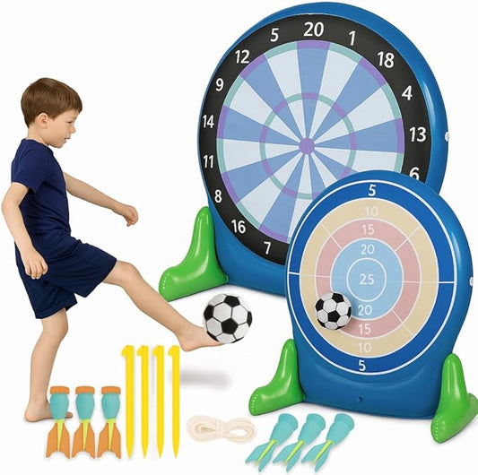 Hearthsong Jumbo 57-Inch Inflatable 2-in-1 Darts and Soccer Set with Double-Sided Scoreboard, Two Soccer Balls, Six Darts, Outdoor Play, Ages 5 and Up