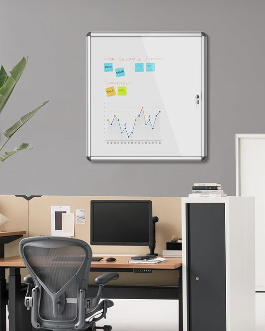 28"x26" Enclosed Bulletin Board, Lockable Weather-Resistant Aluminum Noticeboard for School & Office, Silver Frame w/Magentic Whiteboard
