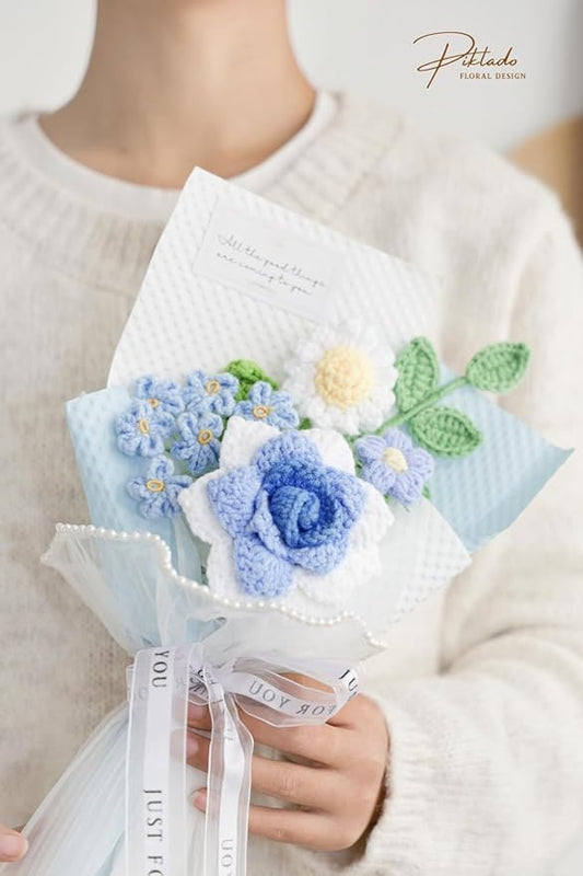 Hand-Woven Flower Bouquet Finished（1pcs） for Valentine's Day Girlfriend Birthday Gift Wedding Decoration Crochet Artificial Flower, Bouquet Gift (Blue)