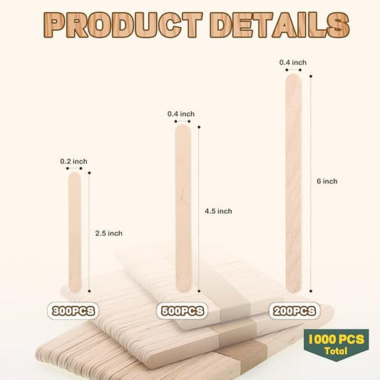 1000PCS Wooden Sticks for Craft, 3 Sizes (2.5",4.5",6") Natural Wood Popsicle Sticks for Ice Pops Waxing Hair Removal and Wax Supplies Classroom Art DIY Paint Craft Project Tongue Depressors