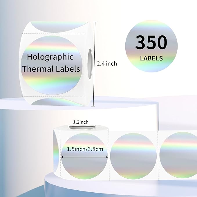 1.5" Holographic Direct Thermal Label Stickers, Round Printable Rainbow Glitter Thermal Printer Sticker Labels for Gift Wrapping, Self-Adhesive DIY Custom Logo Design- Silver