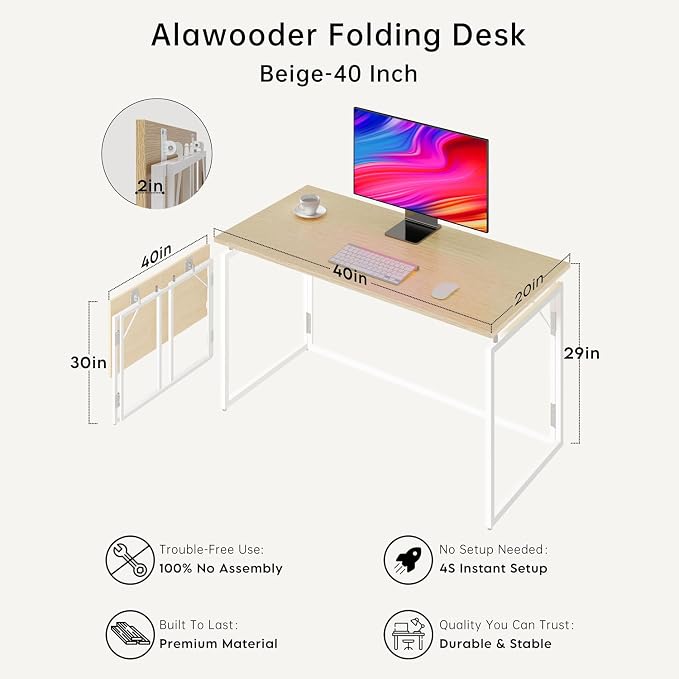 alawooder 39.4" Folding Desk: No Assembly, Wood Top - Image 3