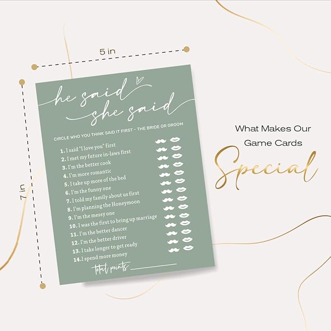 Minimalist Green Wedding Party Supplies: 25 Guest Bridal Shower Games - Engagement Party Cards