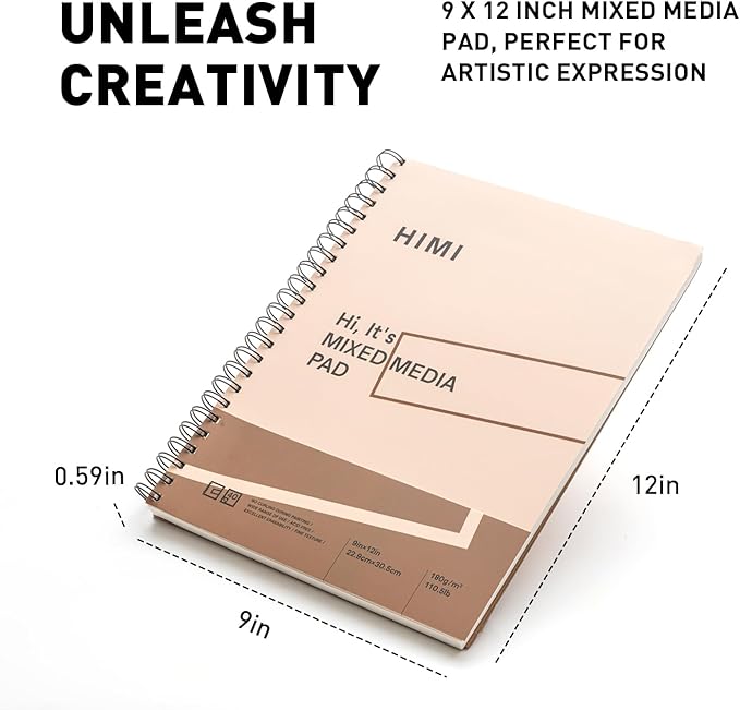HIMI Mix Media Paper Pad 9X12''(180g/m²) 40 Sheets Mix Paper Pad, Side Wire Bound, Fine Texture, in Gouache Acrylic Art Pad for Sketching, Ink Sketch Book, Art Supplies Drawing Pad Gift (Pink)