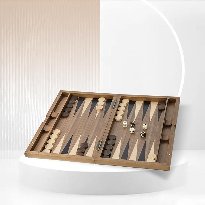 GSE Games & Sports Expert Premium Wooden Folding Inlay Backgammon Board Set, Classic Traditional Strategy Board Games (Double Stripe- 17 Inches)