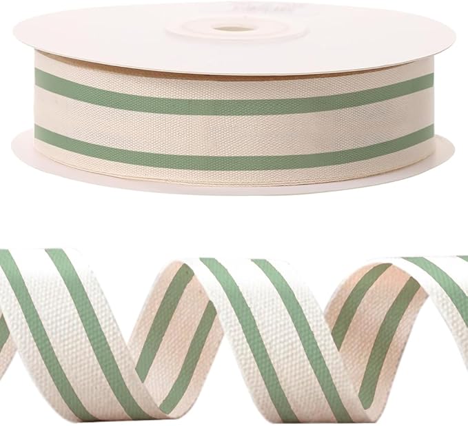 10 Yards Green Natural Cotton Ribbon for Crafting Sewing, 1 Inch Double Sided Webbing Straps Ribbons for Gift Wrapping, Birthday Wedding Christmas Ribbons for Trees DIY Crafts Sewing