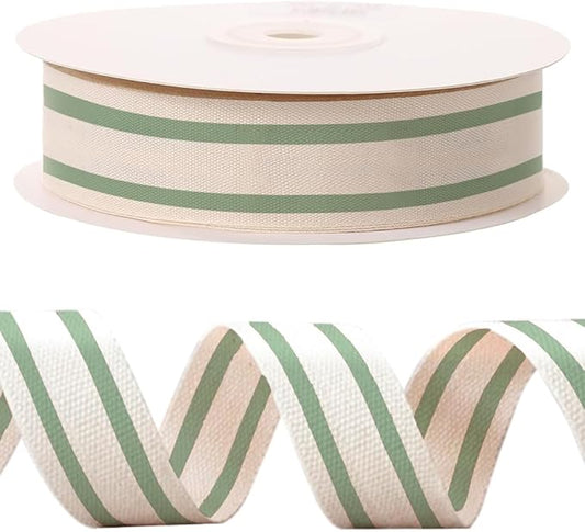 10 Yards Green Natural Cotton Ribbon for Crafting Sewing, 1 Inch Double Sided Webbing Straps Ribbons for Gift Wrapping, Birthday Wedding Christmas Ribbons for Trees DIY Crafts Sewing