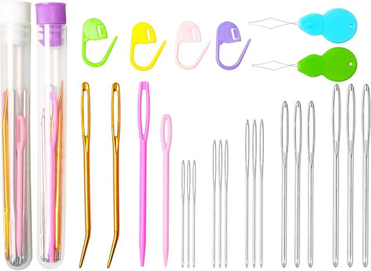 Hekisn 45Pcs Large Eye Blunt Yarn Needles kit, Assorted Sizes Bent Tapestry Darning Needle, Sewing Needles with Needle Threaders & Stitch Markers for Knitting Crochet (Purple&White)